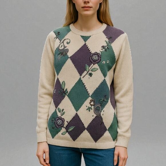 2/$30 Alfred Dunner Embroidered Argyle Diamond Sweater Floral Knit Size M - Picture 1 of 11